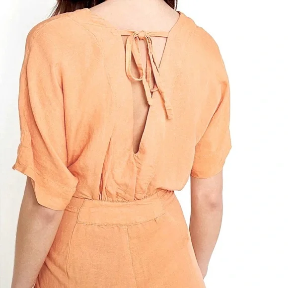 Free People Shining Sun Wrap Linen Jumpsuit Romper Playsuit Orange Cutout Sz L - Picture 6 of 12